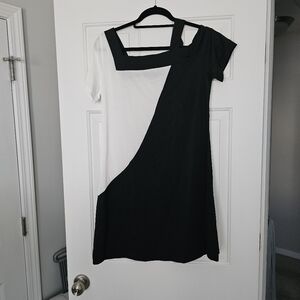 Short Sleeve Color Block Casual One Shoulder Loose Color Block Tunic Dress M